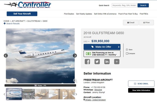 로널드 페렐먼이 내놓은 것으로 알려진 전용제트기가 중고 비행기 거래사이트 컨트롤러닷컴에 올라 있다.[사진=컨트롤러닷컴 웹사이트 캡처]