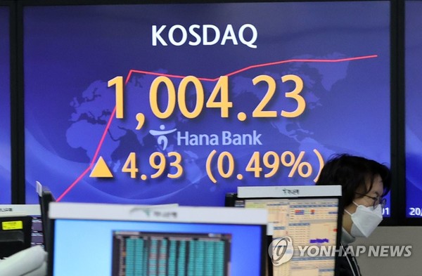 코스닥 1,000선 돌파 (서울=연합뉴스) 서명곤 기자 = 26일 오전 서울 중구 하나은행 딜링룸에서 한 딜러가 자리로 향하고 있다. 이날 코스닥지수는 2000년 9월 15일(장중 고가 1,037.59) 이후 20년 4개월 만에 1,000선을 넘어서 장을 시작했다.