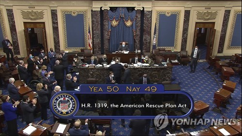 미국 상원이 6일(현지시간) 조 바이든 대통령이 제안한 1조9000억달러 규모의 코로나19 대책법안을 찬성 50표, 반대 49표로 통과시켰다. [사진=AP·연합뉴스]