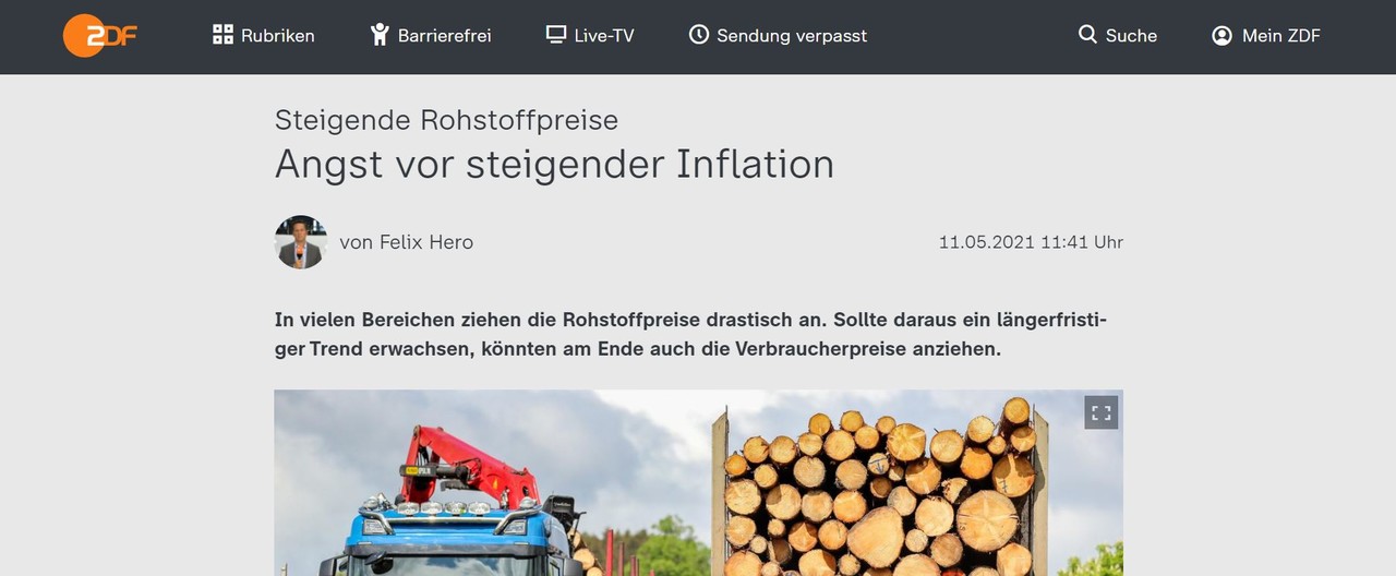 독일 공영방송 ZDF가 지난 5일 '하이퍼인플레이션 경고'라는 제목으로 낸 기사/사진=ZDF 웹사이트 캡처