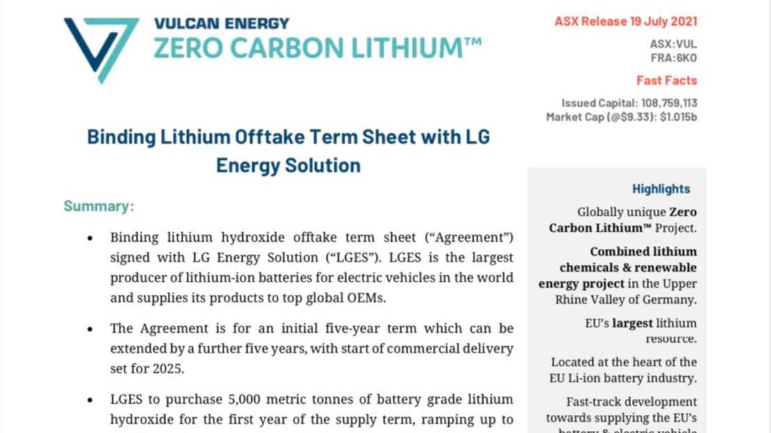 LG에너지솔루션과 호주 벌칸 에너지 리소스의 수산화리튬 장기구매계약 체결 내용 /사진=벌칸 에너지 리소스 