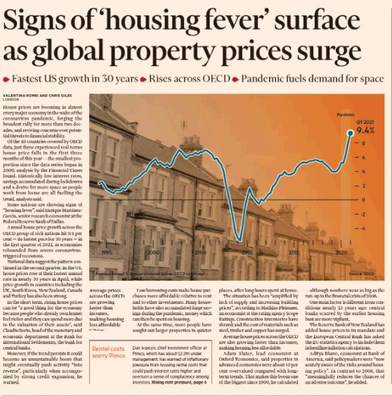 파이낸셜타임스(FT)가 2일 1면 머리기사로 전 세계 집값이 20년 만에 가장 광범위하게, 30년 만에 가장 가파른 속도로 오르고 있다고 보도했다. 그래픽은 경제협력개발기구(OECD) 주택가격지수 변동률./사진=파이낸셜타임스 지면 캡처