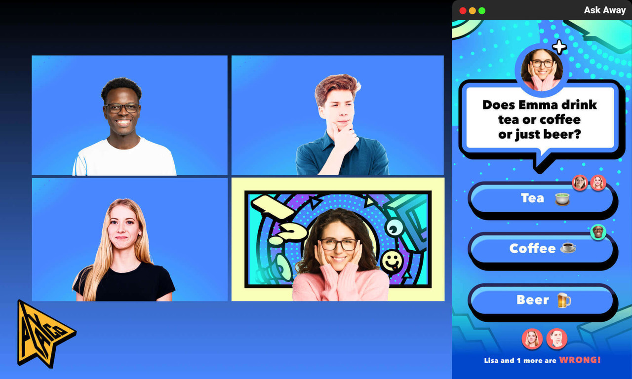 온라인 화상 회의 서비스 줌(Zoom) 플랫폼에서 이용할 수 있는 인스턴트 플레이 게임 '애스크 어웨이' /사진=플레이코