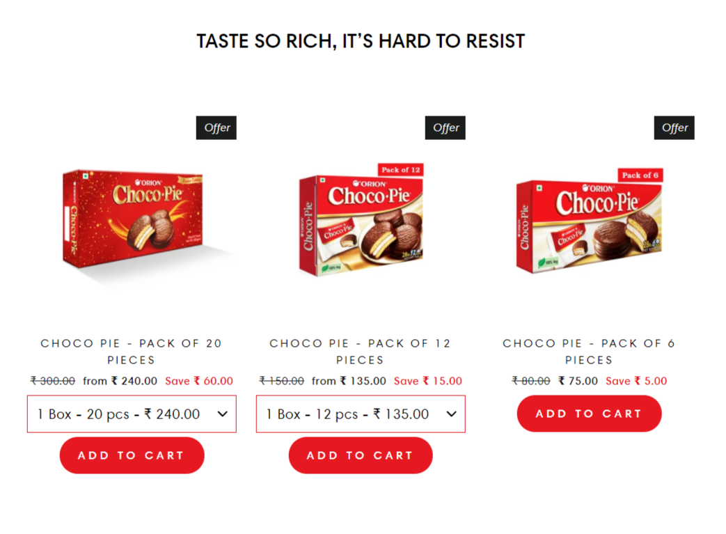 오리온 인도 법인이 D2C(소비자 직거래) 판매를 위해 개설한 온라인 쇼핑몰. /사진=오리온 인도 전자상거래 사이트 갈무리