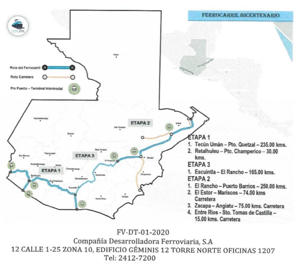 한국수출입은행이 예비 타당성 조사를 지원하는 과테말라 비센테나리오 철도 사업 노선도. /사진=과테말라 국영 철도회사(Fegua)