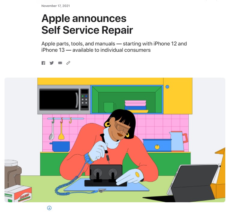 애플이 17일(현지시간) 웹사이트를 통해 내년 초 미국을 시작으로 '셀프  서비스 리페어'(Self Service Repair) 프로그램을 실시한다고 밝혔다./사진=애플 웹사이트 캡처