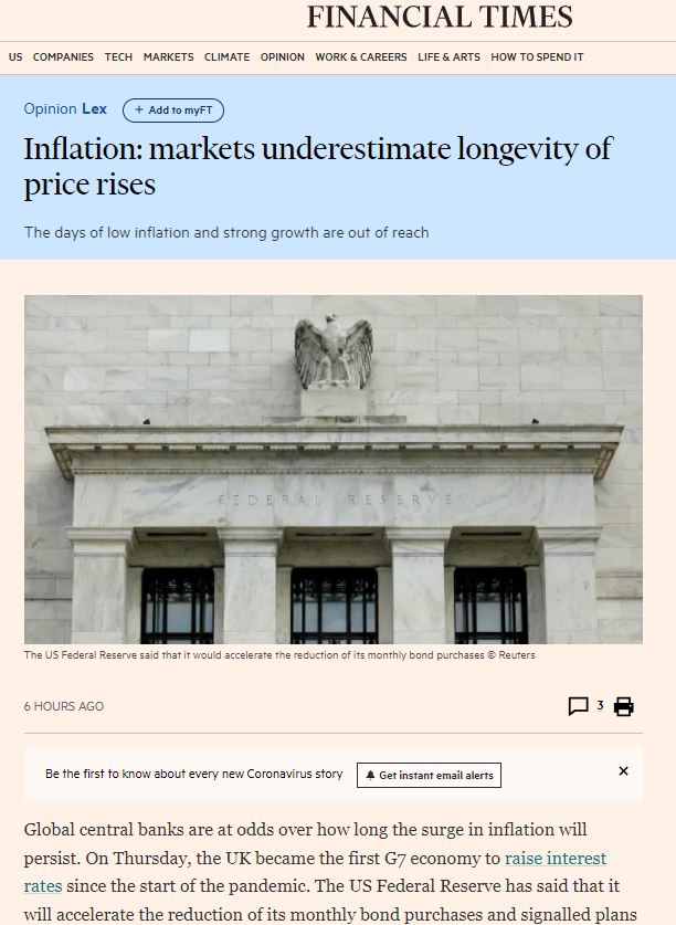 파이낸셜타임스(FT)가 16일(현지시간) 글로벌 금융시장이 인플레이션의 지속성을 과소평가하고 있다고 경고했다./사진=파이낸셜타임스 웹사이트 캡처