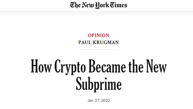 폴 크루그먼 미국 뉴욕시립대 교수는 27일 뉴욕타임스(NYT)에 쓴 칼럼에서 암호화폐가 새로운 서브프라임이 됐다고 꼬집었다./사진=뉴욕타임스(NYT) 웹사이트 캡처