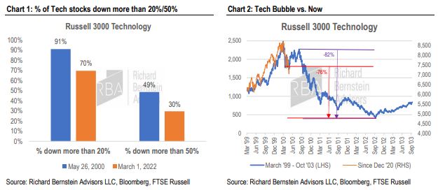러셀3000 기술주 중 전 고점 대비 20%, 50% 이상 하락한 종목 비중(왼쪽), 러셀3000기술주지수 추이(파랑은 왼쪽)/자료=리처드번스타인어드바이저스