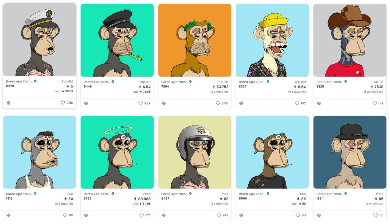세계 최대 NFT(대체불가능코인) 장터인 오픈씨(OpenSea)에서 거래 중인 '지루한 원숭이 요트클럽' 캐릭터 컬렉션./사진=오픈씨 웹사이트 캡처