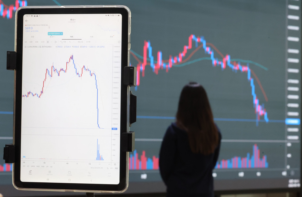 지난 19일 오전 서울 서초구 빗썸 고객센터에 최근 폭락한 루나 코인 시세가 표시돼 있다. / 사진=연합뉴스