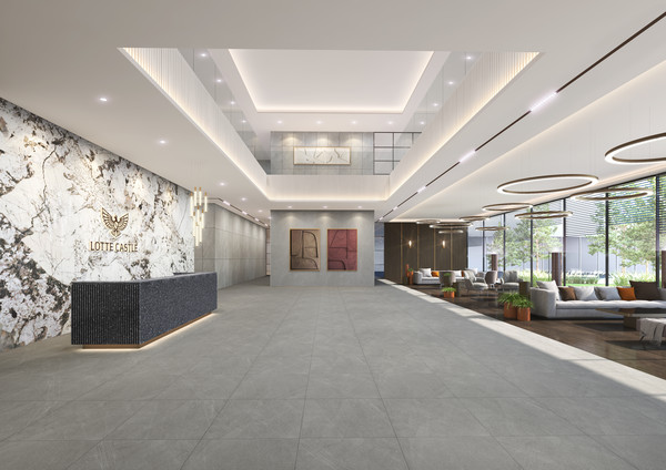 호텔 라운지를 연상케 하는 커뮤니티 메인 로비 리뉴얼 전경 / 사진=롯데건설
