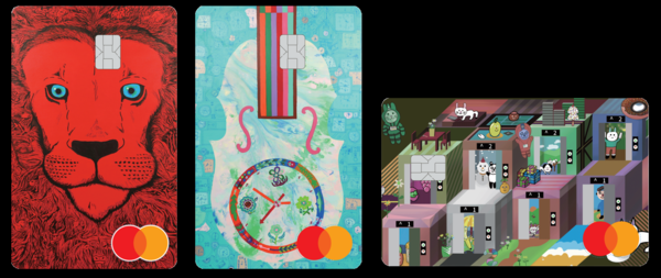 원더카드 Co-brand 아트버스 콜렉션' 3종 이미지. 왼쪽부터 '사바나의 황제', '2시 50분 시간을 되돌리고 싶어요!', '엘리베이터는 재밌지!'. /사진=하나카드