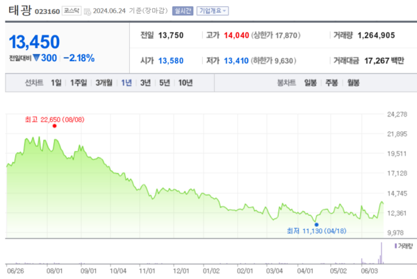 태광의 최근 1년 주가 흐름 / 자료=네이버 증권