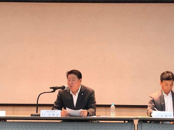 오화경 저축은행중앙회장이 30일 열린 2분기 실적 기자대상 설명회에서 발언하고 있다. /사진=김현정 기자