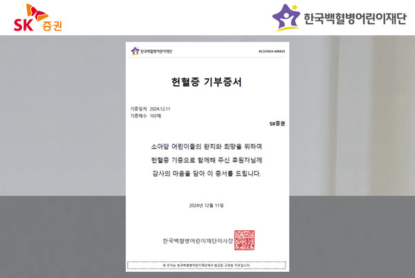 SK증권 임직원들의 헌혈증 기부증서. 사진=SK증권
