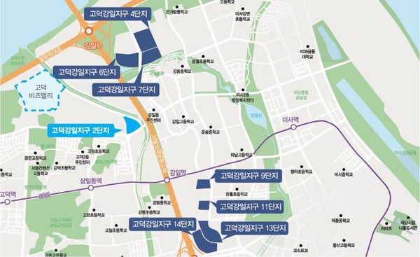 SH공사는 고덕강일 공공주택지구 아파트 단지 내 상가 24호, 내곡도시형생활주택 상가 2호를 분양한다. 고덕강일 일대 지도 이미지./사진=SH공사