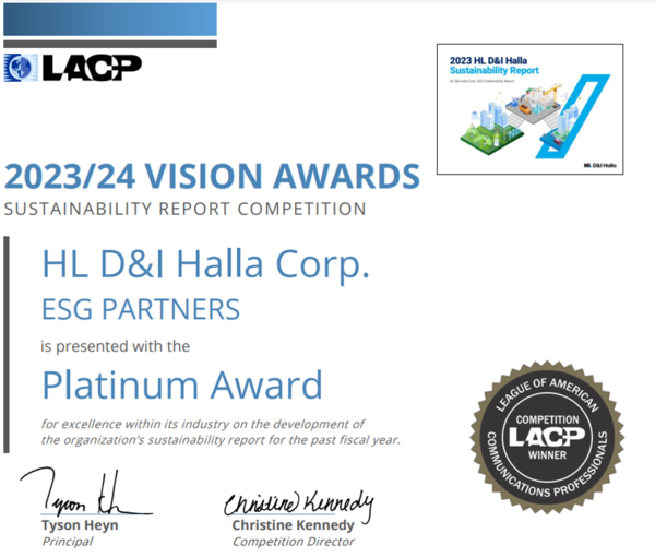 HL디앤아이한라 지속가능경영보고서 LACP 대상 수상 인증서. /사진=HL디앤아이한라