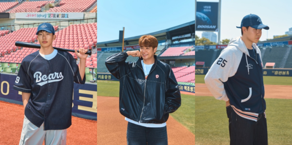 스파오와 두산베어스 협업 제품을 착용한 김민석, 김재환, 최승용 (왼쪽부터) /사진=스파오