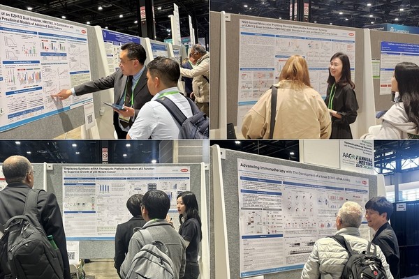 지난달 25일부터 30일(현지시간)까지 미국 시카고에서 열린 ‘미국암연구학회(AACR 2025)’에서 한미약품 R&D센터 연구원들이 혁신 항암신약 연구 내용이 담긴 포스터를 토대로 참석자들에게 설명하고 있다. /사진-한미약품