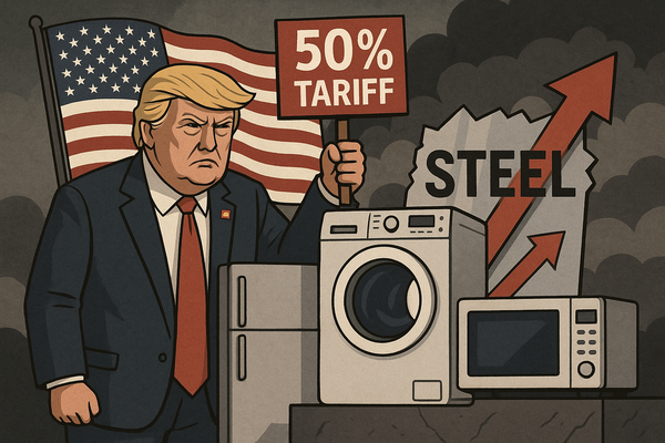 미국이 외국산 철강 및 알루미늄을 사용한 냉장고와 세탁기 등 가전제품에도 50%에 달하는 고율의 관세를 부과하기로 하면서 한국 가전업체들에 비상이 걸렸다. /사진=챗GPT 생성 이미지