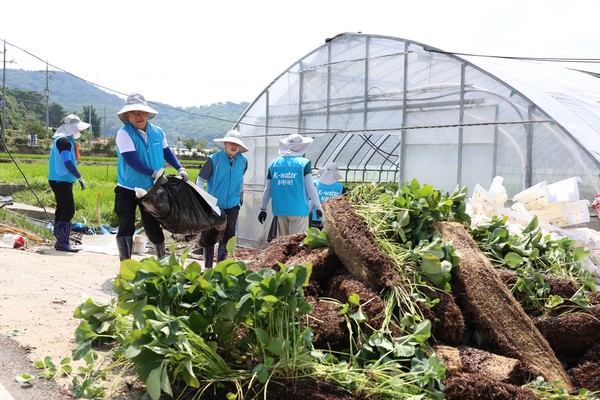 '물사랑나눔단'이 24일 침수 피해가 큰 충남 서산시 일대를 찾아 침수 잔해 정리와 토사 제거 등 복구 봉사활동을 진행하고 있다./사진=한국수자원공사