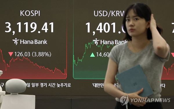 1일 서울 중구 하나은행 본점 딜링룸에서 직원들이 업무를 보고 있다. 이날 코스피는 전장보다 126.03포인트(3.88%) 내린 3119.41에 장을 마쳤다. 사진=연합뉴스