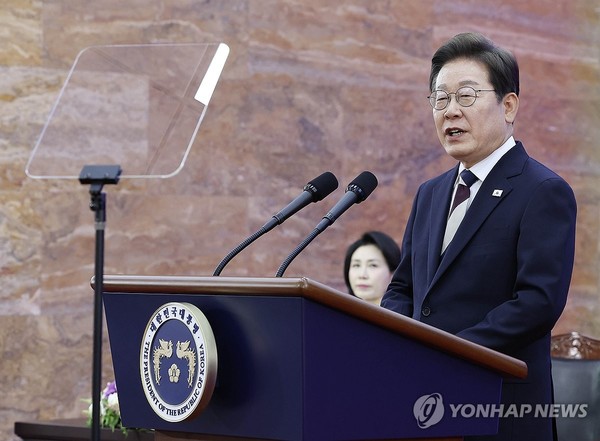 이재명 대통령이 6월 4일 서울 여의도 국회에서 열린 제21대 대통령 취임선서식에서 취임 연설을 하고 있다. / 사진=연합뉴스