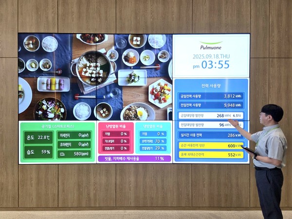 LG전자 BEMS_풀무원기술원: 풀무원기술원 담당자가 기술원 로비에 설치된 에너지 사용 현황판을 소개하고 있다. /사진=LG전자