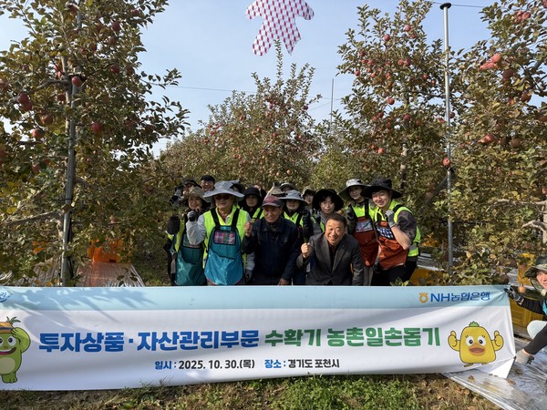 이영우 NH농협은행 투자상품·자산관리부문 부행장과 임직원들이 경기도 포천시 군내면 사과농가를 찾아 일손돕기를 실시하고 있다. / 사진=NH농협은행