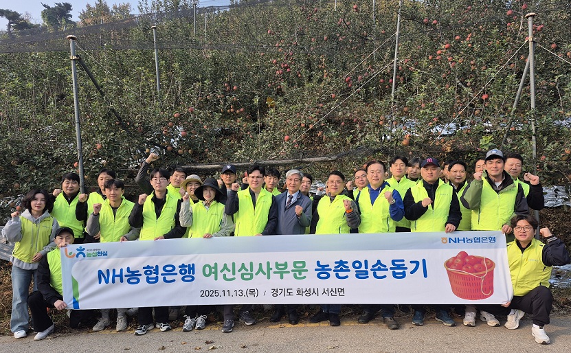 농협은행 여신심사부문 임직원 30여명이 13일 경기도 화성시 농가를 찾아 일손을 도왔다. 김성훈 여신심사부문 부행장(첫줄 오른쪽 네 번째), 안성철 서신농협 조합장(첫줄 오른쪽 다섯 번째) / 사진=NH농협은행