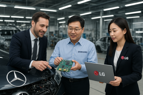 미래 먹거리의 핵심 축으로 전장(자동차 전자·전기 장비)을 택한 삼성과 LG가 글로벌 프리미엄 완성차 시장의 선두주자인 메르세데스-벤츠와의 '미래차 동맹' 구축에 열을 올리고 있다./사진=챗GPT 생성 이미지.